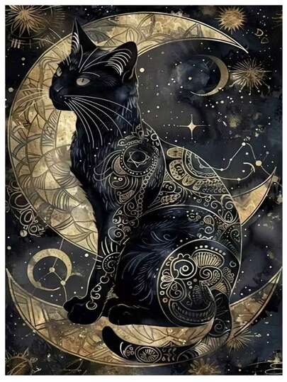 1 Piece 30X40cm Full Round Diamond Painting, Mysterious Star Moon Totem Black Cat, Fantasy Mysterious Style Black Gold Totem Black Cat + Star Moon Constellation Background Pattern, Cat Totem Texture, Star Moon Glitter Details, Mysterious Night Landscape, Mysterious Cute Pet Full Diamond Painting, Unframed Home Decor Art | Easy DIY Craft For Beginner, Holiday/Birthday Surprise Gift
