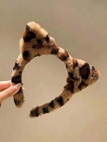 1/2pcs Fluffy Headwear Leopard Print Hair Accessories Hair Hoop Washing Face Plush Hair Bands Cat Ears Headbands Party Wear,Hairband,Hair Hoop ,Head Piece