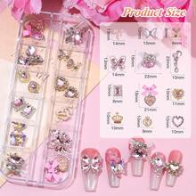 5 Boxes 3D Nail Charms Set,24Pcs Y2k Alloy Nail Art Rhinestone Charms 3D Bow Flower Crown Heart Star With Tweezers And Dual-End Brush For Manicure Salon DIY Crafts,Face Makeup Gems Jewels (Pink){"Color_name":"Pink"} - Hồng - Xem 5