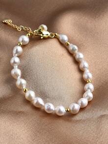 1pc 18K Gold Plated Natural Pearl & Cubic Zirconia Women Bracelet, Mother's Day, Valentine's Day, Birthday, Wedding, Engagement, Bridal Gift