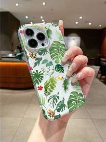 1pc New Fashionable Minimalist Green Leaf Pattern Anti-Fall Anti-Slip Shock-Proof Soft Dirt-Resistant Washable Transparent TPU + PC 2-In-1 Material Full Edge Protection Stylish Phone Case, Compatible With Iphone 17/16/15/14/13/12/11 Series - Multicolor - View 4