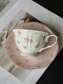 1 szt. Zestaw ceramicznych filiżanek do kawy i spodków w stylu vintage z motywem króliczka z różą, idealny na popołudniową herbatę lub latte