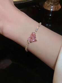 1pc Cute Cubic Zirconia Heart Shaped Round Bracelet, Luxurious High-End Elegant Accessory