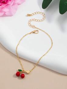 1pc Creative Minimalist Red Cherry Pendant Heart Shaped Women Chain Bracelet