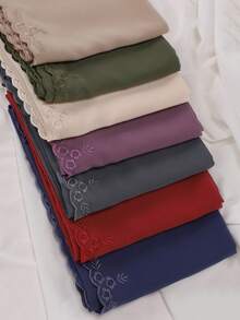 1pc Women's Solid Color Embroidered Lace Chiffon Muslim Hijab Scarf For Abaya
