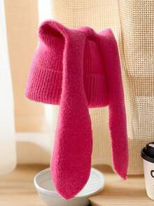 قبعة محبوكة بلون واحد للنساء، بوهيمي عصري أنيق لحفلات الشارع الموضة الخريفية/الشتوية دافئة وسميكة بأذن أرنب جذابة، مناسبة للاستخدام الخارجي