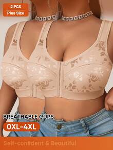 Morelect Set de 2 sujetadores con cierre frontal con estampado floral para mujer de talla grande, cómodos y de soporte para uso diario - Albaricoque - Ver 2