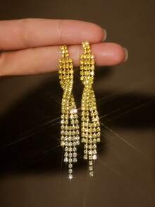 2pcs Fashion Long Fringe CZ Crystal Women's Earrings, Copper Alloy Zirconia Inlay, Shiny And Fashionable, Suitable For Parties And Daily Wear