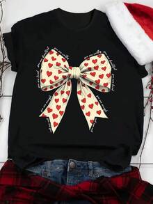 Camiseta Elástica de Manga Corta para Mujer - Diseño Navideño con Lazo en Forma de Corazón y Letra "Love", Gris Claro con Detalles Rojos y Beige, Top Deportivo y Casual de Cuello Redondo, Lavable a Máquina, Comodidad para las Cuatro Estaciones, Diseño Festivo, Estampado Original, Tejido Impermeable - Negro - Ver 6