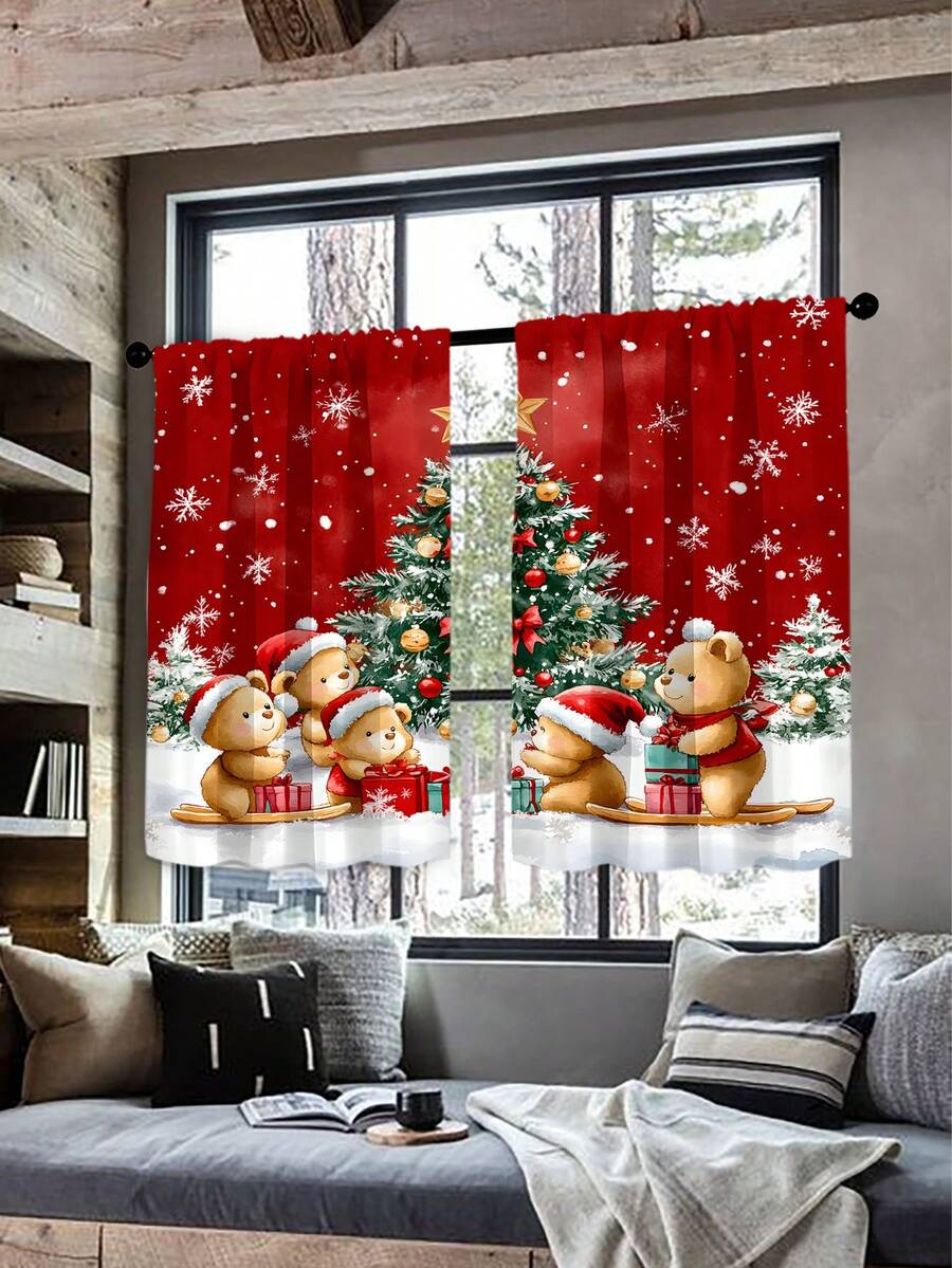1pc Christmas All-Over Christmas Elements Multicolor Cartoon Pattern Digital Printing Decorative Curtain, Suitable For Home, Kitchen, All Seasons - Multicolor - View 1