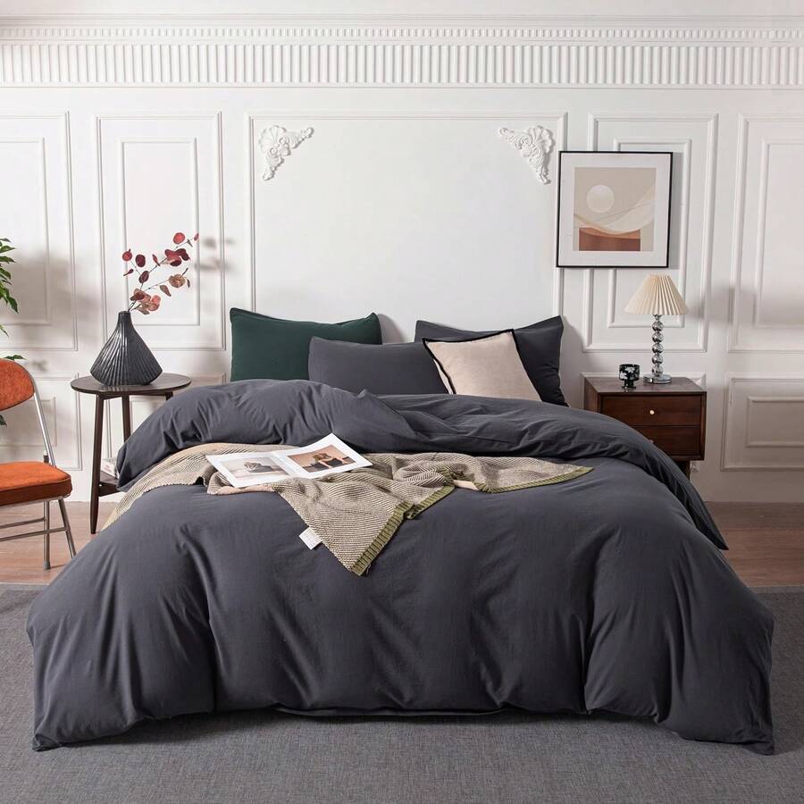 Ultra Soft 100% Cotton Solid Color Dusty Pink Queen Duvet Cover Set With Zipper Closure - 3 Pieces, In 2025 - Smoky Gray - View 1