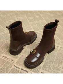 2025 Jesień Nowe Modne Okrągłe Noski Vintage Klamra Pasek Krótkie Kozaki Damskie, Czekoladowy Brąz Klasyczne Popularne Grube Podeszwy Modne Elastyczne Skarpety, Uniwersalne Obcisłe Buty, Eleganckie Buty - Brązowy - Zobacz 4