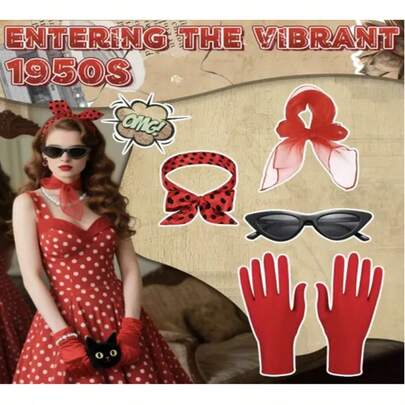 4 sztuki - kostium cosplay na imprezę retro z lat 50., okulary w kocie oczy, opaski na głowę w groszki, kolczyki, kolczyki sztyfty, zestawy akcesoriów, opaski na głowę w groszki z lat 50. - najlepiej sprzedające się opaski na głowę na karnawałową imprezę w groszki, szale jedwabne, okulary, kolczyki sztyfty, kostiumy do odgrywania ról, zestawy balowe, Europa i Ameryka