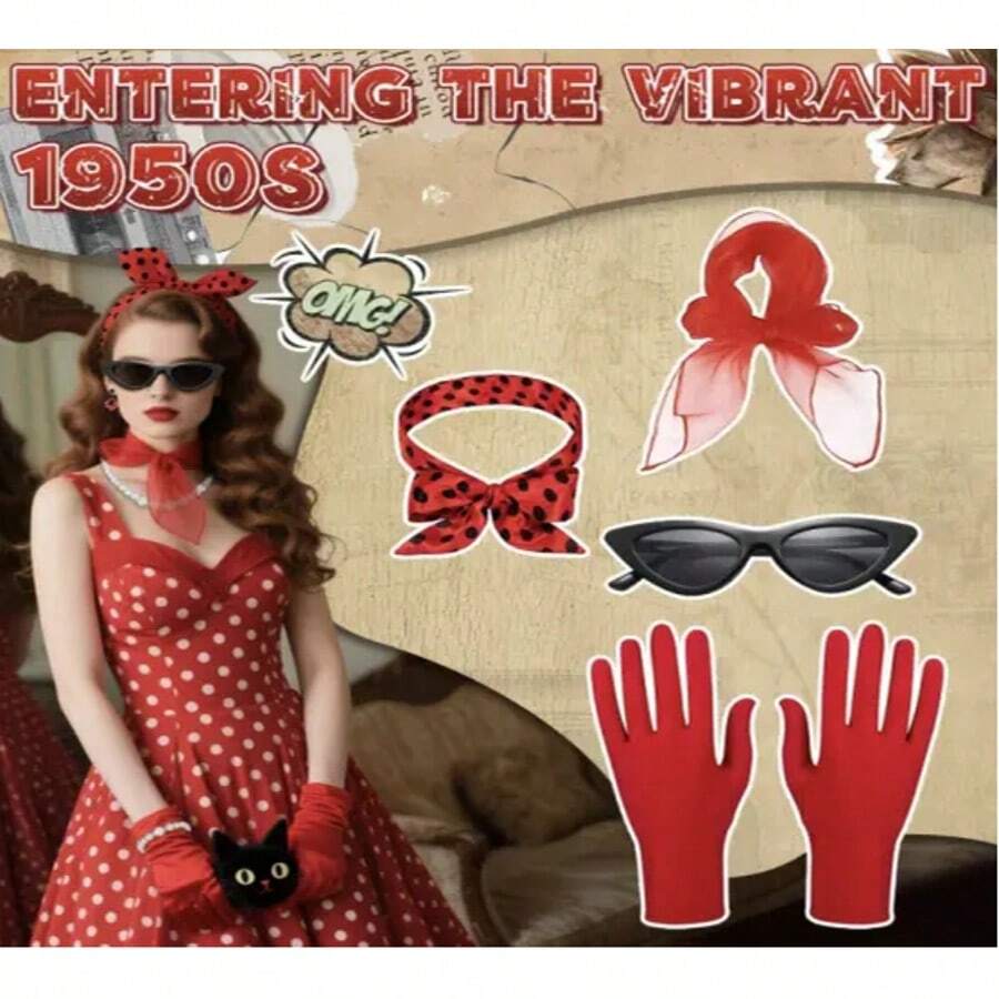 4 sztuki - kostium cosplay na imprezę retro z lat 50., okulary w kocie oczy, opaski na głowę w groszki, kolczyki, kolczyki sztyfty, zestawy akcesoriów, opaski na głowę w groszki z lat 50. - najlepiej sprzedające się opaski na głowę na karnawałową imprezę w groszki, szale jedwabne, okulary, kolczyki sztyfty, kostiumy do odgrywania ról, zestawy balowe, Europa i Ameryka