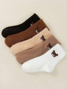 5 أزواج من الجوارب الناعمة المبطنة للأطفال/الرضع للخريف/الشتاء، مزينة برسوم الدببة الكرتونية الجميلة، مريحة وصديقة للبشرة، مناسبة لملابس الخريف/الشتاء، للارتداء اليومي، هدايا رأس السنة، العودة للمدرسة، أنشطة الأطفال، مجموعة ألوان عشوائية