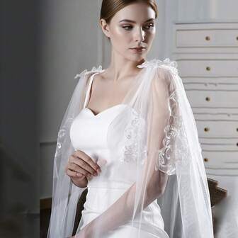 1 件欧美风格蕾丝装饰优雅长款新娘披肩，适合婚纱、宴会礼服配饰