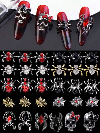 28 pezzi Set decorazioni unghie con ragni e demoni (vari stili di decorazioni per unghie inclusi ragni con gemme e disegni di ragnatele uniche)