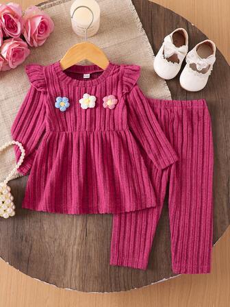 女宝宝休闲喇叭袖花卉印花长袖上衣和裤子套装，春秋冬