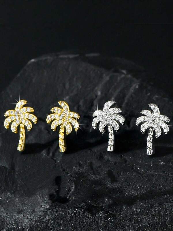 Set de 2 pares de aretes de mujer con diseño de árbol de coco, estilo punk, adecuados para uso diario, vacaciones y fiestas