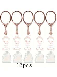 15 piezas Juego de espejos de mano chapados en oro vintage - 5 espejos compactos lindos, 5 tarjetas de agradecimiento y 5 bolsas de organza con volantes - elegante para boda, cumpleaños, despedida de soltera, Navidad, Acción de Gracias, decoración navideña