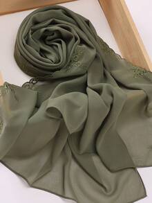 1pc Women's Solid Color Embroidered Lace Chiffon Muslim Hijab Scarf For Abaya