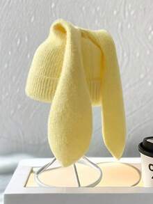 قبعة محبوكة بلون واحد للنساء، بوهيمي عصري أنيق لحفلات الشارع الموضة الخريفية/الشتوية دافئة وسميكة بأذن أرنب جذابة، مناسبة للاستخدام الخارجي