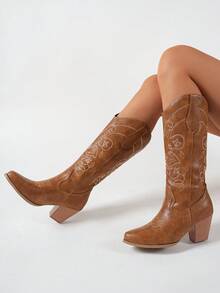 棕色女式牛仔靴，新款秋冬西部风格时尚尖头刺绣粗跟中筒套脚靴 - 棕色 - 查看 6