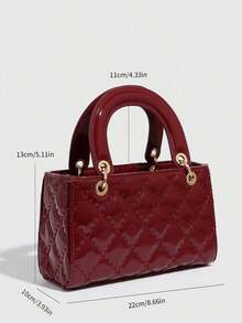 1pc PU Leather Handbag, Burgundy Wine Color Bag, Versatile Quilted Patent Leather Tote Bag, Structured Purse, Fashionable Shoulder Crossbody Bag With Geometric Pattern , New Year - Multicolor - View 4