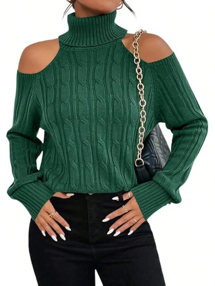 Womens Cold Shoulder Turtleneck Sweaters Fall Long Sleeve Soft Knit Pullovers Jumper Tops - 軍綠色 - 查看 1