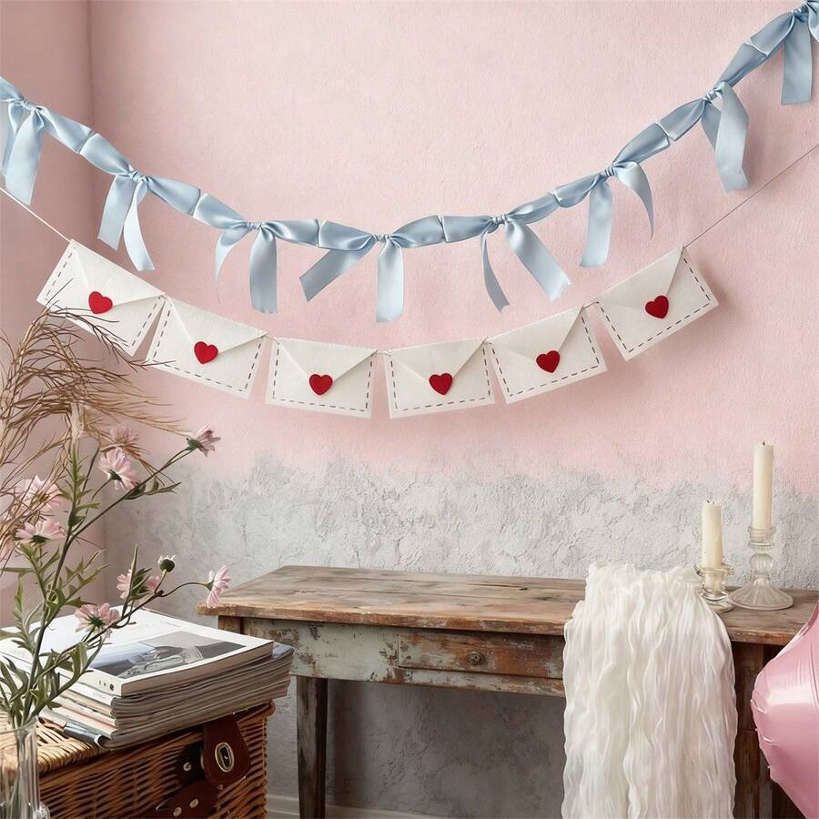 2 Strings Valentine's Day Bow Garland Charming Love Envelope Hanging Banner For Wedding Home Holiday Decor - 藍色 - 查看 1