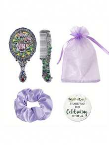 5 piezas Juego de Espejo y Peine con Rosas Moradas Vintage, incluye Bolsa con Cordón y Tarjeta de Agradecimiento, Adecuado para Novia, Dama de Honor, Reuniones Diarias, Regalo de Navidad para la Novia