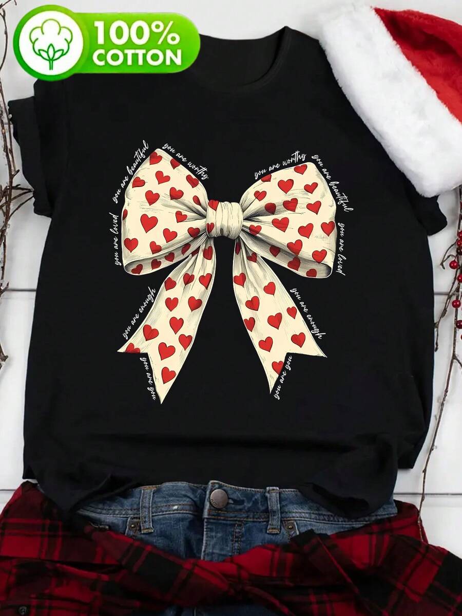 Camiseta Elástica de Manga Corta para Mujer - Diseño Navideño con Lazo en Forma de Corazón y Letra "Love", Gris Claro con Detalles Rojos y Beige, Top Deportivo y Casual de Cuello Redondo, Lavable a Máquina, Comodidad para las Cuatro Estaciones, Diseño Festivo, Estampado Original, Tejido Impermeable - Negro - Ver 1