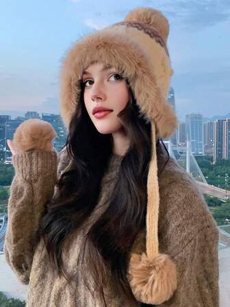 1pc Women's Solid Color Autumn/Winter Knit Hat With Cute Pom Pom, Small Head Circumference, Ear Warmer, Suitable For Daily Wear