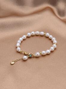 1pc 18K Gold Plated Natural Pearl & Cubic Zirconia Women Bracelet, Mother's Day, Valentine's Day, Birthday, Wedding, Engagement, Bridal Gift