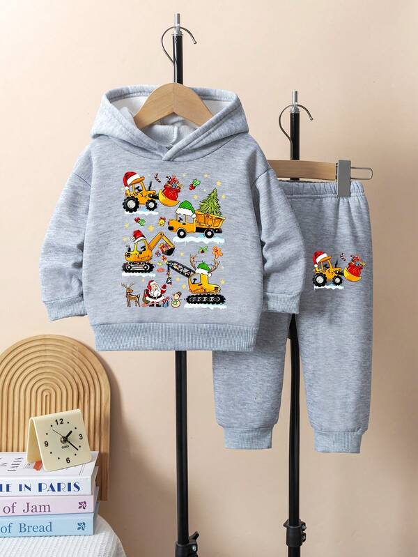 Conjunto de Moletom e Calça com Estampa de Caminhão de Construção Natalina da Moda para Meninos Pequenos, Outono/Inverno