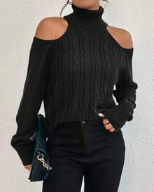 Womens Cold Shoulder Turtleneck Sweaters Fall Long Sleeve Soft Knit Pullovers Jumper Tops - 黑色 - 查看 2