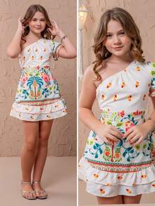 Girls' Floral Print One-Shoulder Romper With Ruffle - Modern, Stylish, Elegant And Comfortable Teen Clothing - Lilithor Kids Teen Fashion In Exclusive Tropical Hibiscus And Enchanted Garden Prints - Sizes 10, 12, 14 And 16 Years Old - Timeless Teen Girls' Short Romper For Spring And Summer - Sophisticated Youthful Look That Combines Beauty, Style, Charm And Freedom Of Movement - Ideal As Teen Clothing For Parties, Outings, Trips, Get-Togethers, Meetings With Friends, Family Events, Birthdays, Children's Day, Christmas, New Year's Eve And Special Moments - Lilithor Kids Floral Print Romper With Exclusive Design, Superior Comfort And Quality Finish - Modern, Chic And Charming Gift For Teens Who Love Casual Youth Fashion And Stylish Everyday Clothes - Hoa dâm bụt nhiệt đới - Xem 1