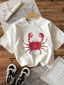 Mujer casual playera estilo cute con estampado gráfico de cangrejo ajuste holgado cuello redondo manga corta primavera verano uso diario camiseta - Blanco - Ver 1