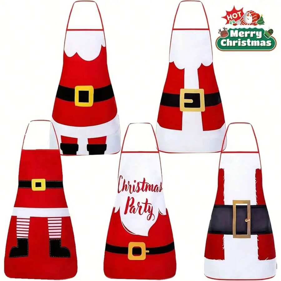 A Set Of 5 Christmas Aprons, A Red Santa Claus Series Apron Set, Suitable For Cooking, Cooking, Hairdressing And Barbecue Purposes For Family, Friends, Couples And Christmas Party Decoration - Multicolor - View 1