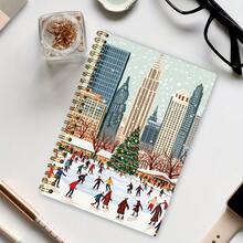 1pc A5 Hardcover Spiral Notebook, City Christmas Ice Skating Theme: Winter Festive Scene Notebook, College Ruled Thick Paper Spiral Notebook With Sticky Notes & Sketching, Suitable For Men & Women, 50 Pages, Size 14.48*21.08cm, Perfect Gift For Friends, Family, Students & Colleagues!