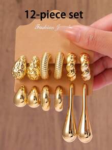6-12pcs Fashionable Gold-Tone Earrings, Including Teardrop, Twisted Rope, And C-Shaped Hoops, Suitable For Women's Daily Wear - Gold - View 6