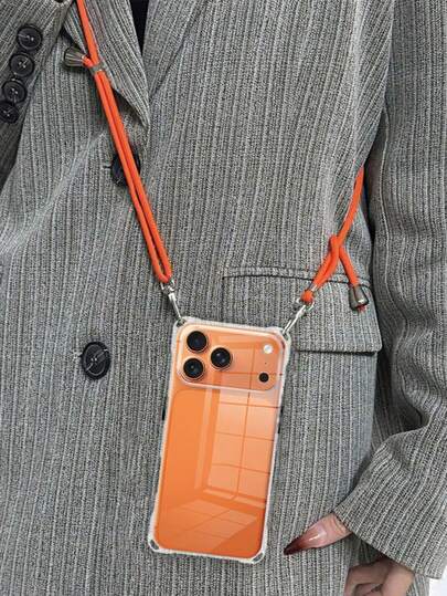 1pc Solid Color Transparent Case With Lanyard, Shockproof TPU Bumper Soft Shell, Black Buttons, Includes 1pc 4mm Orange Adjustable Lanyard Strap Compatible With Iphone 17/17Pro/Air/17PROMAX/16/16Pro/16PLUS/16Promax/16E/15/11/12/13/14/13mini/7P/8P/XR/X, Suitable For Daily Use, Outdoor, Hiking, Hands-Free, Easy To Carry For Men And Women