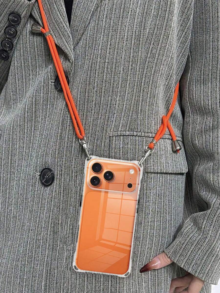 挂绳式防震时尚TPU手机壳，1个装，纯色透明，带挂绳，黑色按键，包含1条4mm橙色可调节挂绳，兼容 17/17Pro/Air/17PROMAX/16/16Pro/16PLUS/16Promax/16E/15/11/12/13/14/13mini/7P/8P/XR/X，适合日常使用、户外活动、徒步旅行，解放双手，方便携带，男女皆宜，春季礼物 - 無色 - 查看 1