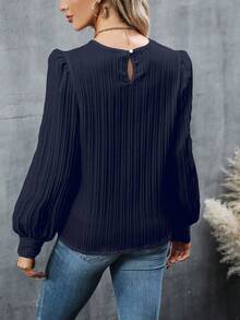 白色条纹圆领长袖衬衫，女士秋季春季穿着 - 藏蓝色 - 查看 6