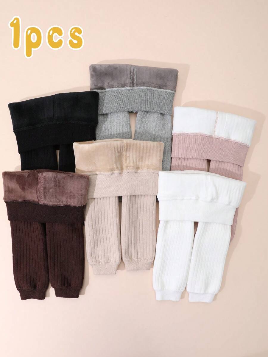 1pc Baby Girls' Cotton Thick Warm Leggings, Solid Color Fleece Tight Pants, Simple & Comfortable, Suitable For Winter