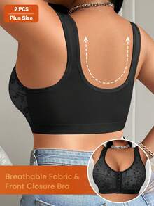 Morelect 2pcs/Set Plus Size Women's Wireless Floral Print Front Closure Bras, Comfortable & Supportive For Everyday Wear - Black - View 3