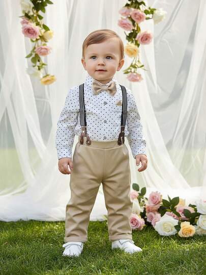 BOARNSEORL 2 件套男婴绅士套装，长袖波尔卡圆点衬衫，带蝴蝶结和工装裤，时尚西装，适合生日派对、婚礼、戒指持有者正式服装