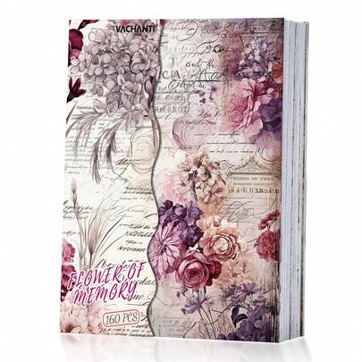 160 vellen vintage bloemen scrapbookpapier, paarsroze bloemen met cursief schrift, geen herhalende patronen, perfect voor Junk Journal, DIY-kaarten, knutselalbums, scrapbookbenodigdheden