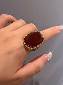 复古做旧18K镀金铜雕花纹理爪镶天然石鸡血红釉优雅女士结婚订婚戒指首饰 - 酒紅色 - 查看 5