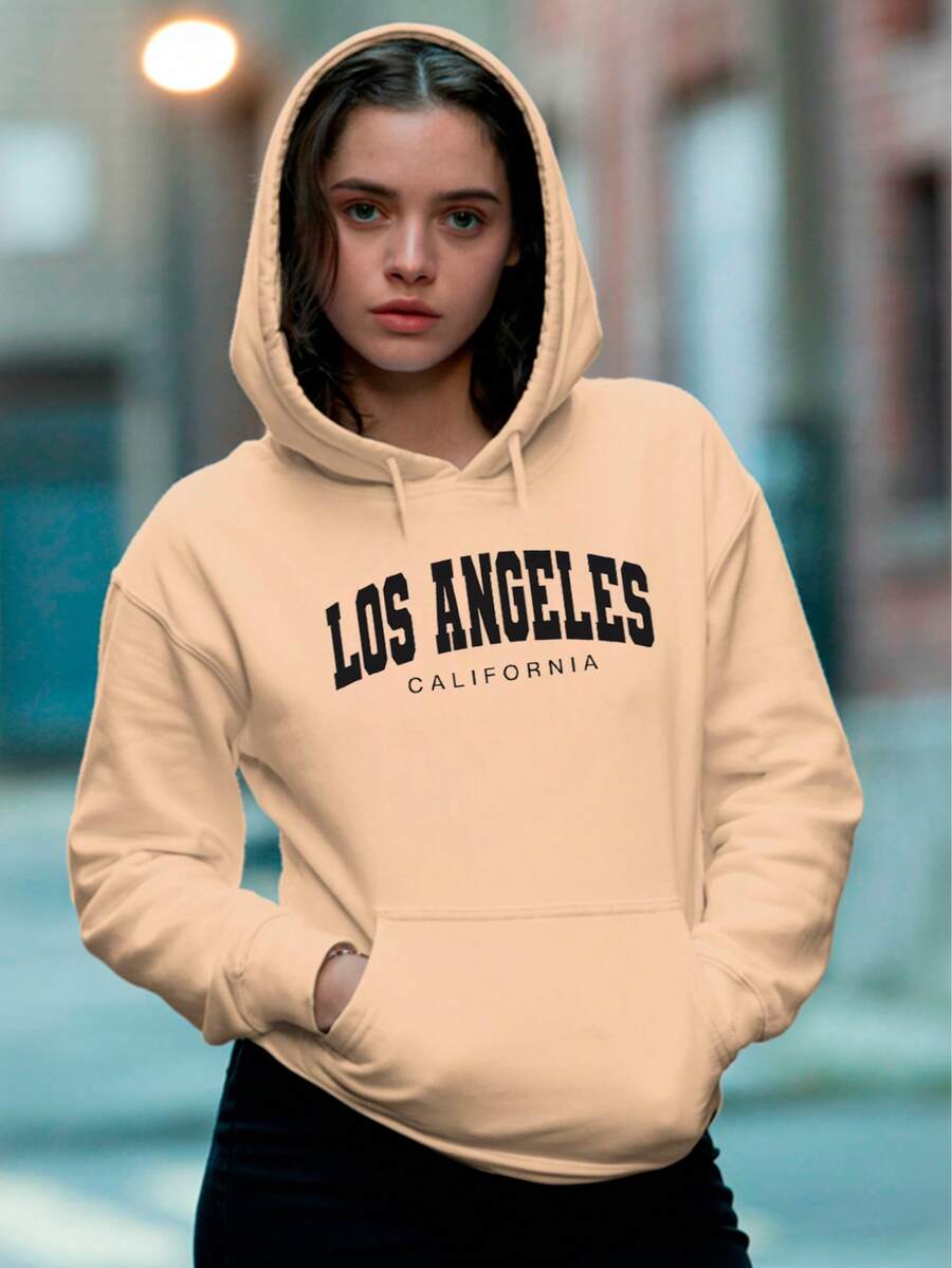 sudadera para mujer modelo LOS ANGELES hoodie con gorro y canguro estampado calientita para el frio - Beis - Ver 1